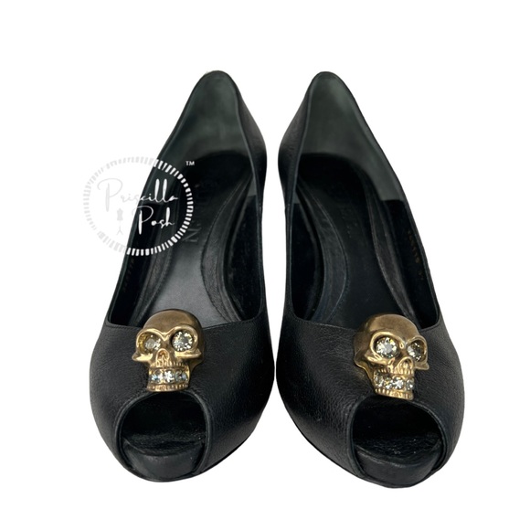 Alexander McQueen Skull Peep Toe Pumps Gold Skull Crystals Black Leather - Picture 9 of 15